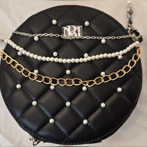 Badgley Mischka Black Quilted Mini Bag with Pearl and Gold Chain